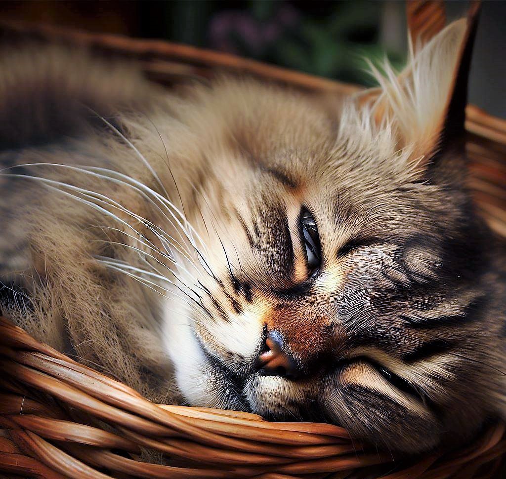 alt="Cat Curled Up in A Basket"